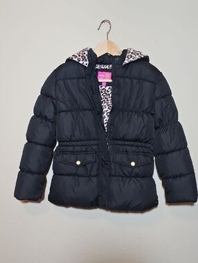 Pink Platinum Girls Black Puffer Jacket with Leopard Hood and Scarf